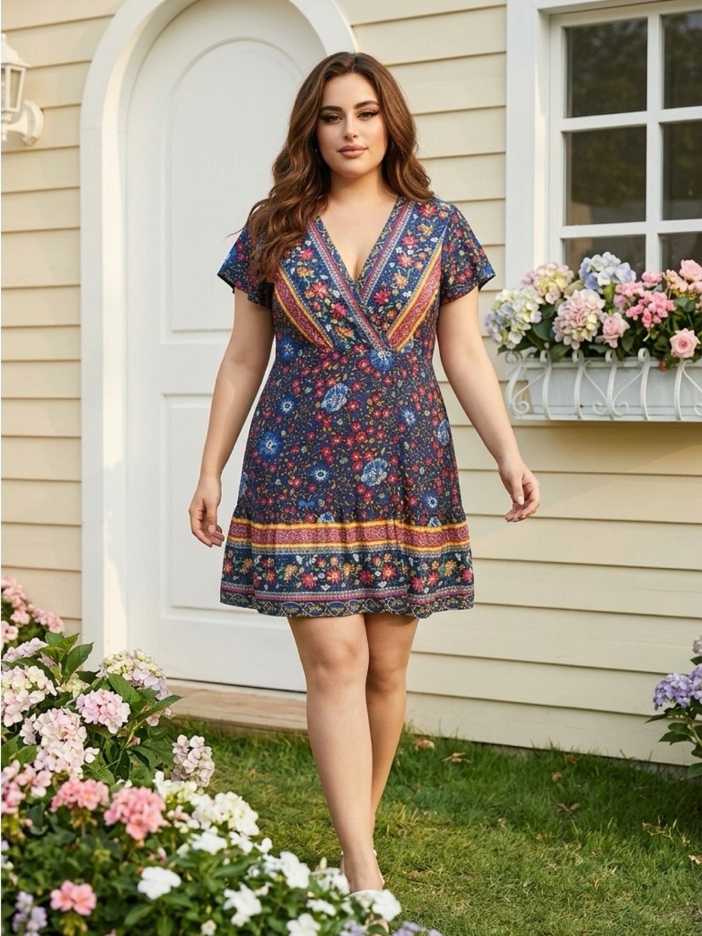 Floral V-Neck Short Sleeve Mini Dress in Navy